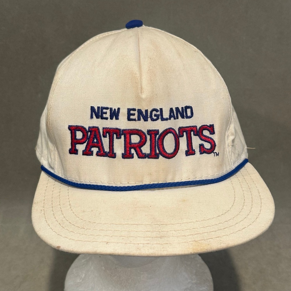 Vintage New England Patriots AJD Snapback Hat Rope Brim Cream Made in USA NFL